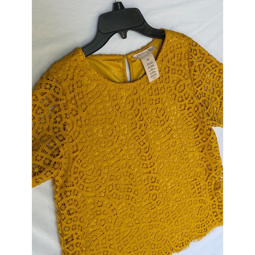 Philosophy womens mustard yellow lace boho blouse dress shirt sz small - Picture 2 of 5